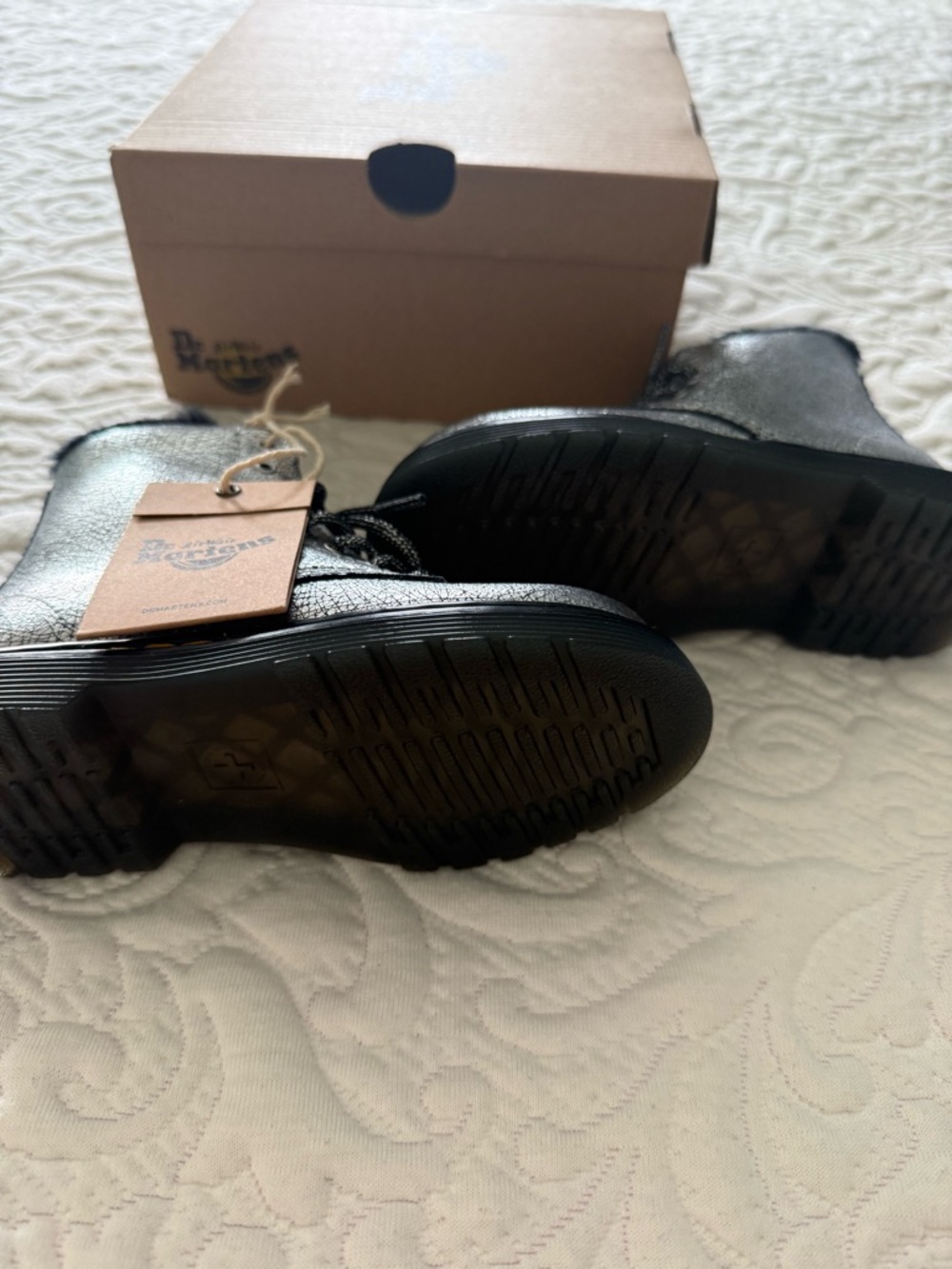 Dr. Martens Kids Metallic Silver Lace-Up Boots with Black Fuzzy Collar - Picture 2 of 3